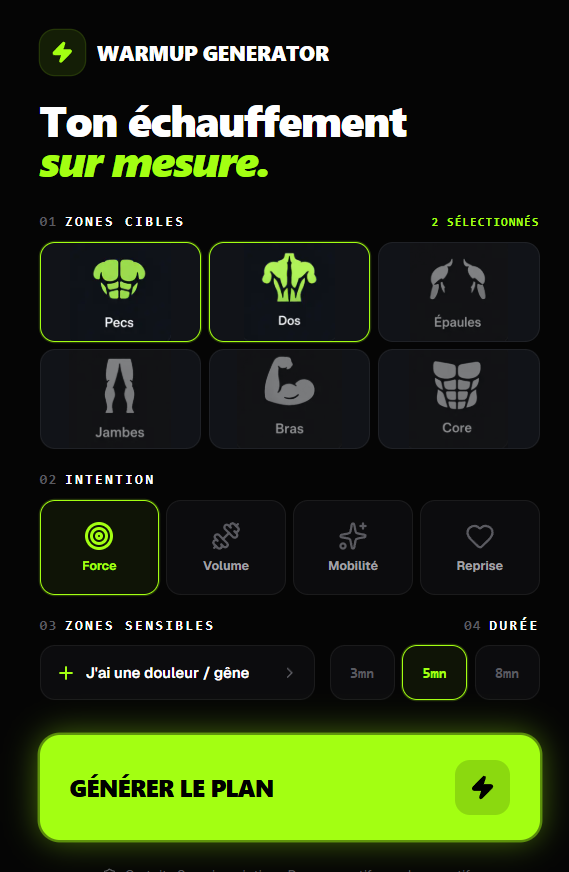 Application web Warmup Generator — interface sur-mesure